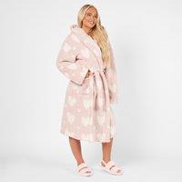 OHS Heart Dressing Gown Soft Teddy Marl Fleece Hooded Robe in Light Pink
