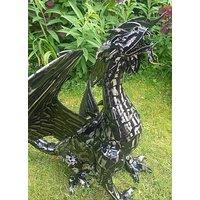 Inspirational Gifting Mystical Dragon Garden Ornament Sculpture in Platework Metal in Black