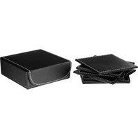 Orsina Set of 6 Black Faux Leather Square Costers with Holder, Leather Coasters for Glass, Tea Cup, Dining Table