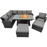 Fimous Rattan Outdoor Patio Gas Firpit Table Sofa Set with 2 Big Stools Chair in Dark Grey