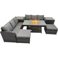 Fimous Garden Rattan 3 Seater Sofa with 2 Big Stools 2 Side Tables in Dark Grey