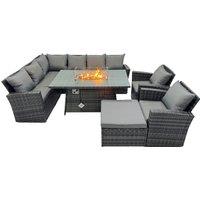 Fimous Rattan Outdoor Patio Gas Firpit Table Sofa Set with Big Stool 2 Chairs in Dark Grey