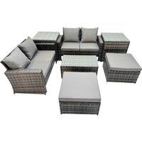 Fimous 6 Seater Wicker PE Rattan Furniture Outdoor 2 Stool 2 Side Tables Set in Dark Grey