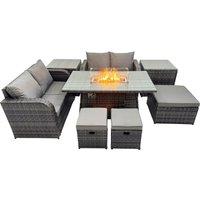 Fimous 7-seater Rattan Garden Furniture Dining Set with 3 Stools 2 Side Table in Dark Grey
