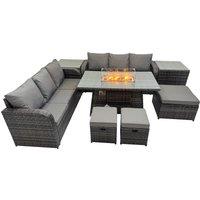 Fimous Garden Rattan 3 Seater Sofa with 3 Stools 2 Side Tables in Dark Grey