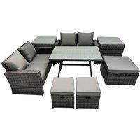 Fimous 7 Seater Outdoor Table Double Seat Sofa 3 Stools 2 Side Table Set in Dark Grey