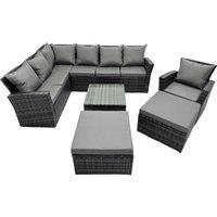 Fimous 9 Seat Rattan Corner Sofa Set with 2 Big Stool Chair in Dark Grey