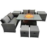 Fimous Outdoor Love Sofa Set 6 Seat & Gas Firpit Dining Table 2 Side Table in Dark Grey