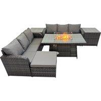 Fimous Garden Rattan 3 Seater Sofa with Big Stool 2 Side Tables in Dark Grey