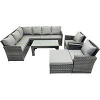 Fimous 9 Seat Poly Rattan Corner Sofa Set with Big Stool 2 Chairs in Dark Grey