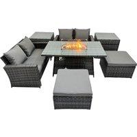 Fimous Outdoor Love Sofa Set 6 Seat & Gas Firpit Table 2 Stools 2 Side Table in Dark Grey