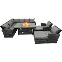 Fimous Rattan Outdoor Gas Firpit Table Sofa Set with 2 Big Stools 2 Chairs in Dark Grey