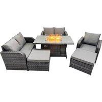Fimous 7-seater Rattan Garden Furniture Dining Set with 2 Big Stools in Dark Grey