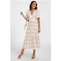 FS Collection Women's Red Floral Print Lace Detail Angel Sleeve Midi Dress In Cream in White | Size: Small