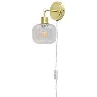First Choice Lighting Toby - Satin Brass Plug in Wall Light with Batley Ribbed Glass Shade in Gold
