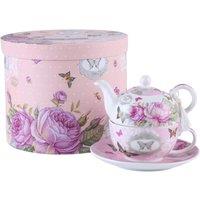 London Boutique Tea for One Teapot Cup Saucer Set Gift Vintage Flora Rose Porcelain Gift for Her (Pink Butterfly Rose) in Pink | Size: 1000L