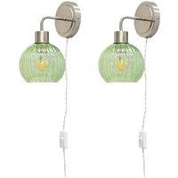 First Choice Lighting Set of 2 Toby - Satin Nickel Plug in Wall Lights Green Shades in Silver