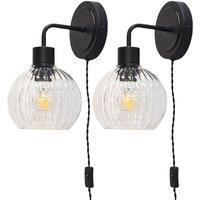 First Choice Lighting Set of 2 Toby - Black Plug in Wall Lights Clear Ribbed Shades
