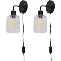 First Choice Lighting Set of 2 Toby - Black Plug in Wall Lights Ribbed Glass Shades