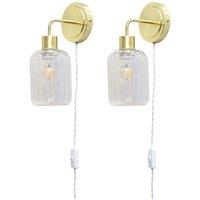First Choice Lighting Set of 2 Toby - Satin Brass Plug in Wall Lights Ribbed Glass Shades in Gold