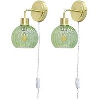 First Choice Lighting Set of 2 Toby - Satin Brass Plug in Wall Lights Green Ribbed Shades in Gold