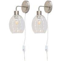 First Choice Lighting Set of 2 Toby - Satin Nickel Plug in Wall Lights Fluted Shades in Silver
