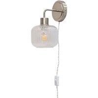 First Choice Lighting Toby - Satin Nickel Plug in Wall Light with Batley Ribbed Glass Shade in Silver
