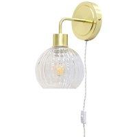 First Choice Lighting Toby - Satin Brass Plug in Wall Light with Betchley Clear Ribbed Shade in Gold