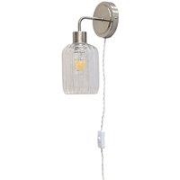 First Choice Lighting Toby - Satin Nickel Plug in Wall Light with Lozenge Ribbed Glass Shade in Silver