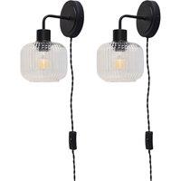 First Choice Lighting Set of 2 Toby - Black Plug in Wall Lights Ribbed Glass Shades
