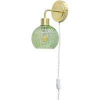 First Choice Lighting Toby - Satin Brass Plug in Wall Light with Betchley Green Ribbed Shade in Gold