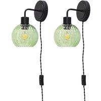 First Choice Lighting Set of 2 Toby - Black Plug in Wall Lights Green Ribbed Shades