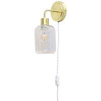 First Choice Lighting Toby - Satin Brass Plug in Wall Light with Lozenge Ribbed Glass Shade in Gold