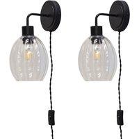 First Choice Lighting Set of 2 Toby - Black Plug in Wall Lights Fluted Glass Shades
