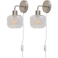 First Choice Lighting Set of 2 Toby - Satin Nickel Plug in Wall Lights Ribbed Glass Shades in Silver