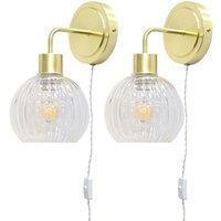 First Choice Lighting Set of 2 Toby - Satin Brass Plug in Wall Lights Clear Ribbed Shades in Gold