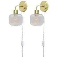First Choice Lighting Set of 2 Toby - Satin Brass Plug in Wall Lights Ribbed Glass Shades in Gold