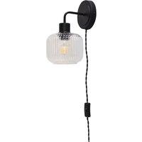 First Choice Lighting Toby - Black Plug in Wall Light with Batley Ribbed Glass Shade