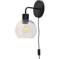 First Choice Lighting Toby - Black Plug in Wall Light with Betchley Clear Ribbed Shade