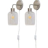 First Choice Lighting Set of 2 Toby - Satin Nickel Plug in Wall Lights Ribbed Glass Shades in Silver