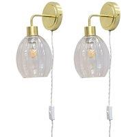 First Choice Lighting Set of 2 Toby - Satin Brass Plug in Wall Lights Fluted Shades in Gold