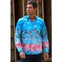 CLAUDIO LUGLI Men's Flamingos In Flight Placement Shirt in Bright Blue | Size: 2XL