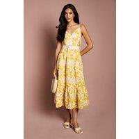 Coast Women's Strappy V Neck Belted Lace Midi Dress in Yellow | Size: 10