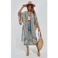FS Collection Women's Relaxed Cotton Kimono In Blue Floral | Size: Medium