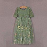 UK Flower Girl Boutique Girl's Enchanted Dress - Embroidered Fern Lace in Light Green | Size: 3-4 Years