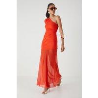 MissPap Women's Mesh Ruched One Shoulder Maxi Dress in Orange | Size: 8
