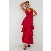 MissPap Women's Tie Back Frill Layered Maxi Dress in Red | Size: 10
