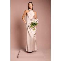 Coast Women's Satin Asymmetric Neckline Maxi Bridesmaid Dress with Ruching Detail in Mocha | Size: 18
