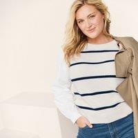 Lands' End Women's Drifter Knitted Vest with Poplin Sleeves in Ivory | Size: 14-16