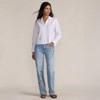 Lands' End Women's Petite Embroidered Relaxed Straight Leg Jeans, Mid Rise in Blue | Size: 14